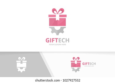 Vector gift and gear logo combination. Present and mechanic symbol or icon. Unique surprise and industrial logotype design template.