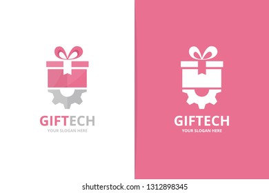 Vector gift and gear logo combination. Unique surprise and industrial logotype design template.