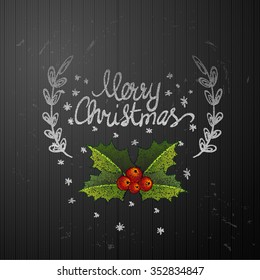 Vector gift Greeting Card.  Christmas green leaves with berries