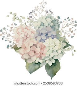 Vector, gift hydrangea, Bouquet, festive flowers, Watercolor illustration, Greeting cards, invitation, party, baby shower, birthday, event, holiday, wedding card, printable.