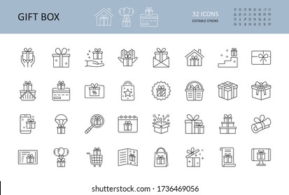 Vector gift icon. Collection of 32 editable stroke icons. Gift boxes in the hands of an envelope smartphone. Surprise balloons greeting card calendar. Magnifier basket monitor discounts
