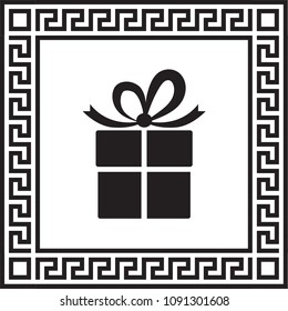 Vector gift icon in a frame with a Greek ornament