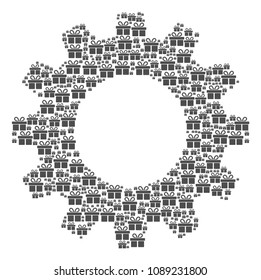 Vector gift icons are arranged into gearwheel figure. Engineering design concept constructed from gift items.