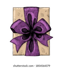 Vector gift with a large bow. A hand-drawn sketch. Vintage style engraving. Gift box top view. Festive single packaging with ribbon. Isolated object on a white background. Color illustration