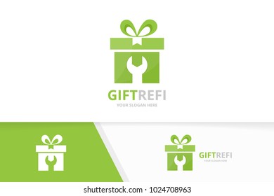 Vector gift logo combination. Present and repair symbol or icon. Unique surprise and fix logotype design template.