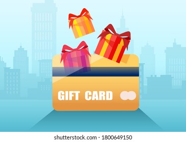 Vector of a gift loyalty reward program card on a cityscape background