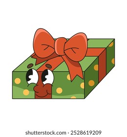 Vector gift for new year or present for Christmas. Smiling pop art icon for Xmas greeting. Emoji with face and eyes. Pop art box with ribbon for wintertime gifting. Winter holiday and festival.