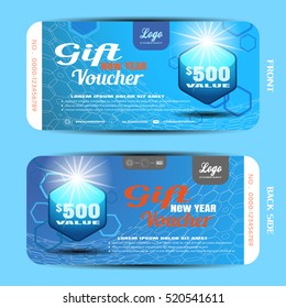 Vector gift new year voucher on the blue gradient background with hexagon badge and  pattern.