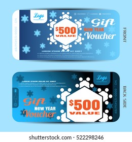 Vector gift new year voucher on the blue gradient background with snowflakes.