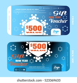 Vector gift new year voucher on the blue gradient background with snowflakes silhouettes.