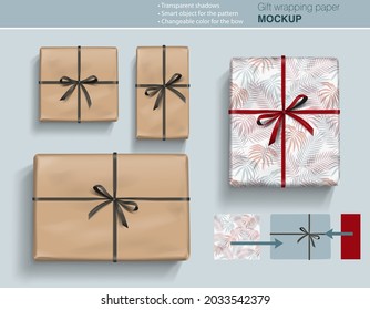 Vector gift paper box mock up with bow on light background with transparent shadows. Wrapping paper  template for your design. 