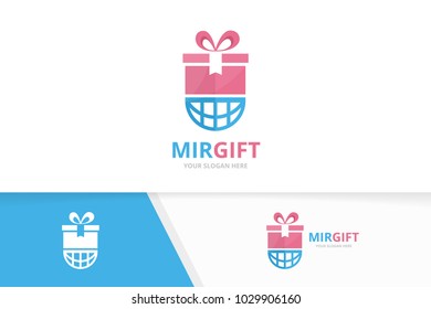 Vector gift and planet logo combination. Present and world symbol or icon. Unique surprise and globe logotype design template.