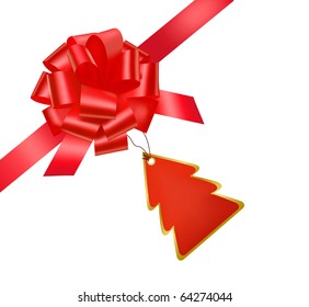 Vector. Gift red ribbon and bow with card.