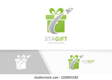 Vector gift and rocket logo combination. Present and airplane symbol or icon. Unique surprise and flight logotype design template.
