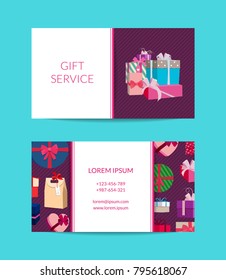 Vector gift service, shop business card template with gift boxes or packages illustration