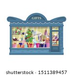 Vector gift shop filled with present boxes, wrapping paper rolls, Christmas presents, bags, tree, wreath, garlands, lights, balloons. Shop exterior. Flat.