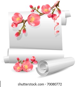 Vector gift spring  scrolls with flowering quince.