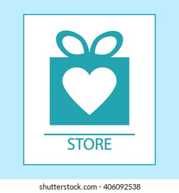 Vector Gift Store Logo Design. Present Shop Logotype. Teal Color Simple Gift Store Logo Vector. Light Blue Present Box Silhouette With Heart And Bow On Top. Giving Presents With Love Concept.