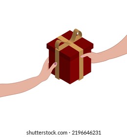 Vector gift, surprise. Give each other gifts. A red box with a gold ribbon.  Vector illustration.  Delivery, sale, win, congratulations, New year, birthday. exchange of gifts