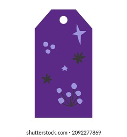 Etiqueta de regalo vectorial con elementos minimalistas planos dibujados a mano (estrella, estrella anís). Ilustración con formas abstractas. Concepto de decoración de cajas de regalo de Navidad y regalos sobre fondo morado