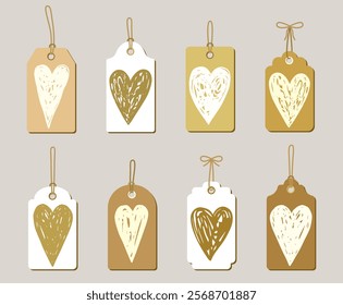 Vector gift tags set in white and gold colors with hand drawn doodle hearts, romantic cards, labels for wedding and Valentine's Day designs