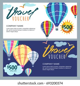 Vector gift travel voucher template. Multicolor hot air balloons in the sky. Concept for summer vacation, travel agency and sale ticket. Banner, coupon, certificate, flyer, ticket layout.