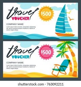 Vector Gift Travel Voucher Template. Tropical Island, Yacht, Sailing Boat And Palms Illustration. Concept For Summer Vacation And Travel Agency. Banner, Coupon, Certificate Or Flyer Layout.