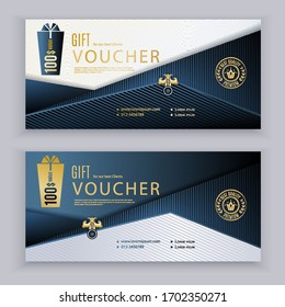 Vector gift triangle voucher template. Universal flyer for business. Dark blue gold clean design for department stores, business. Abstract background