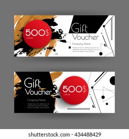 Vector gift voucher with abstract background. Golden brush stroke, dots, line and red circle. Business card template. Design concept for boutique, shop, beauty salon, spa, fashion, invitation.