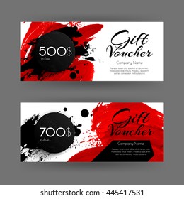 Vector gift voucher with abstract background. Red brush stroke  and black circle. Business card template. Design concept for boutique, shop, beauty salon, spa, fashion, invitation.