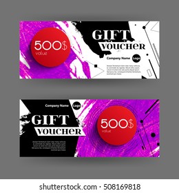 Vector gift voucher with abstract background. Lilac brush stroke, dots, line and red circle. Business card template. Design concept for boutique, shop, beauty salon, spa, fashion, invitation.