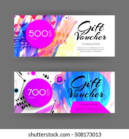 Voucher de presente vetor com fundo abstrato. Pincel traçado com diferentes texturas e formas. Modelo de cartão de visita. Conceito de design para boutique, loja, salão de beleza, spa, moda, convite.