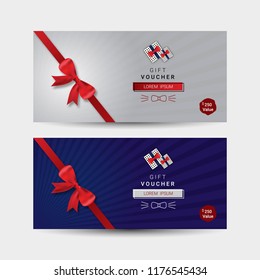 Vector gift voucher with bow ribbons on blue and grey background. 