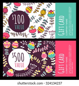 Vector gift voucher, card with colorful hand drawn flowers background. Doodle decorative floral illustration. Design template for boutique, shop, fashion, beauty salon, flyer, banner design.
