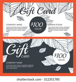 Vector gift voucher, card template with hand drawn autumn leaves background. Linear decorative black and white illustration. Concept for boutique, shop, fashion, beauty salon, flyer, banner design.