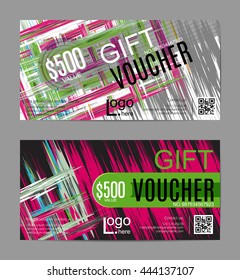 Vector Gift Voucher, Card Template With Multicolor Hand Drawn Paint Strokes Background. Bright Colors. Concept For Boutique, Shop, Fashion, Beauty Salon, Flyer, Banner Design.