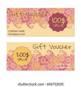 Vector gift voucher, card template with multicolor hand drawn doodle flower. Concept for boutique, shop, fashion, beauty salon, flyer, banner design. Doodle decorative illustration.