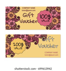Vector gift voucher, card template with multicolor hand drawn doodle flower. Concept for boutique, shop, fashion, beauty salon, flyer, banner design. Doodle decorative illustration.