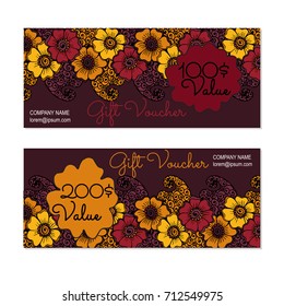 Vector gift voucher, card template with multicolor hand drawn doodle flower. Concept for boutique, shop, fashion, beauty salon, flyer, banner design. Doodle decorative illustration.