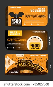 Vector gift voucher with case set to Happy Halloween holiday with text on the yellow and brown background with pattern.