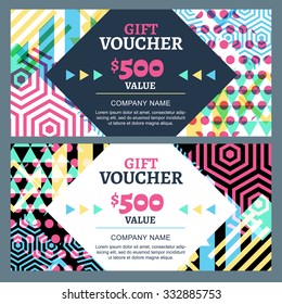 Vector gift voucher with colorful geometric pattern and square frame. Business card template. Abstract creative background. Concept for boutique, fashion shop, accessorize, flyer, banner design.