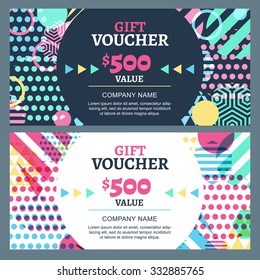 Vector gift voucher with colorful geometric pattern and round frame. Business card template. Abstract creative background. Concept for boutique, fashion shop, accessorize, flyer, banner design.