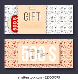 Vector gift voucher with cosmetic icons ornament, discount 500$.
