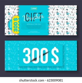 Vector gift voucher with cosmetic icons ornament, discount 300$.