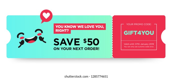 Vector Gift Voucher with Coupon Code. Fast Food Restaurant Certificate Template with Cute Funny Asian Character. Japanese Kawaii Design with Happy Face Emoji. Discount Offer Graphic with Promo Code. 