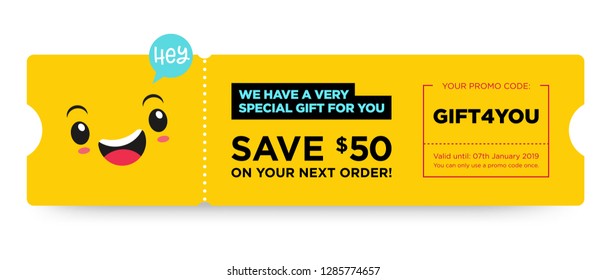 Vector Gift Voucher with Coupon Code. Fast Food Restaurant Certificate Template with Cute Funny Asian Character. Japanese Kawaii Design with Happy Face Emoji. Discount Offer Graphic with Promo Code.