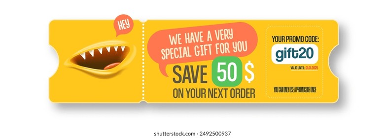 Vector Gift Voucher with Coupon Code And Cute Funny Monster Character. Kawaii Design with Happy Face Emoji. Discount Offer Graphic with Promo Code for restourant and cafe.