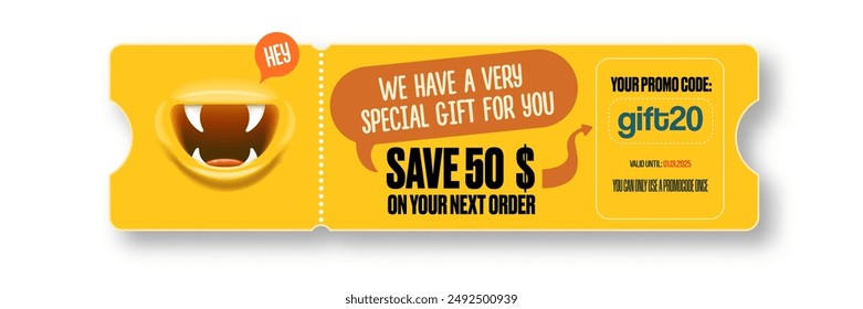 Vector Gift Voucher with Coupon Code And Cute Funny Monster Character. Kawaii Design with Happy Face Emoji. Discount Offer Graphic with Promo Code for restourant and cafe.