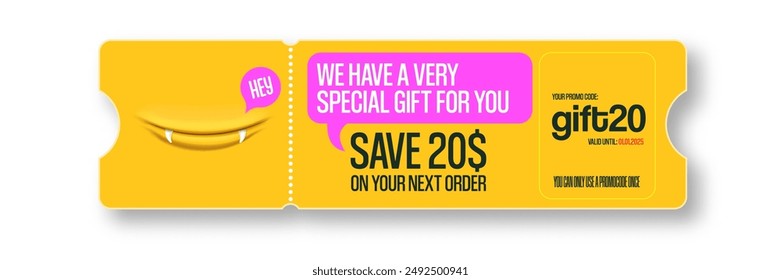 Vector Gift Voucher with Coupon Code And Cute Funny Monster Character. Kawaii Design with Happy Face Emoji. Discount Offer Graphic with Promo Code for restourant and cafe.