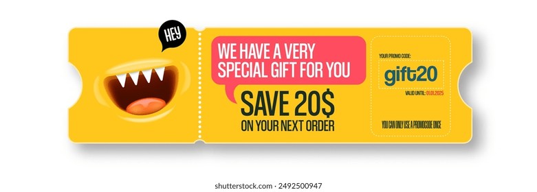 Vector Gift Voucher with Coupon Code And Cute Funny Monster Character. Kawaii Design with Happy Face Emoji. Discount Offer Graphic with Promo Code for restourant and cafe.